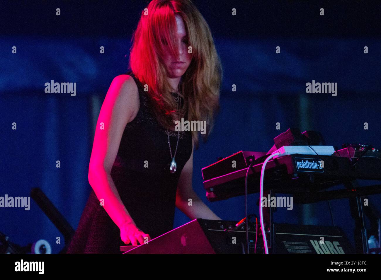 TOY, CONCERT, GREEN MAN FESTIVAL 2012: Alejandra Diez from the Britsih band TOY playing live on the Far Out Stage at the Green Man Festival 2012 at Glanusk Park, Brecon, Wales, August 2012. Photo: Rob Watkins. INFO: TOY is a British psychedelic rock band formed in Brighton in 2010 and known for their atmospheric, hypnotic sound, blending elements of shoegaze, krautrock, and post-punk. Their music features swirling guitars, driving rhythms, and dreamy vocals, creating a moody, immersive experience with a retro-futuristic edge. Stock Photo