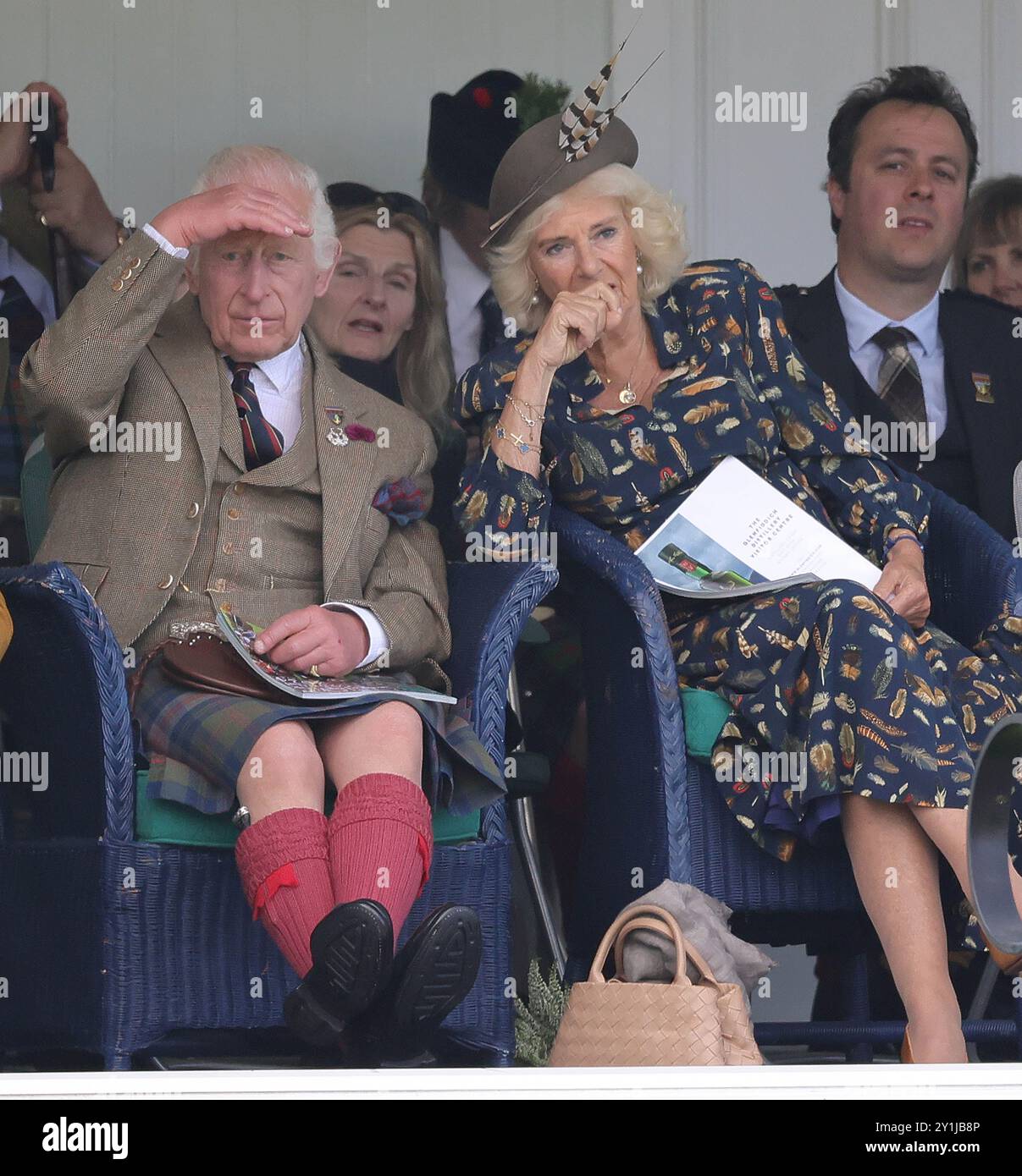 Braemar, UK. 07th Sep, 2024. Image © Licensed to Parsons Media. 07/09/2024. Braemar, United Kingdom. The King attends the Braemar Gathering. King Charles III accompanied by Queen Camilla attend the Braemar Gathering in the Highlands of Scotland near Balmoral Castle. Picture by Credit: andrew parsons/Alamy Live News Stock Photo