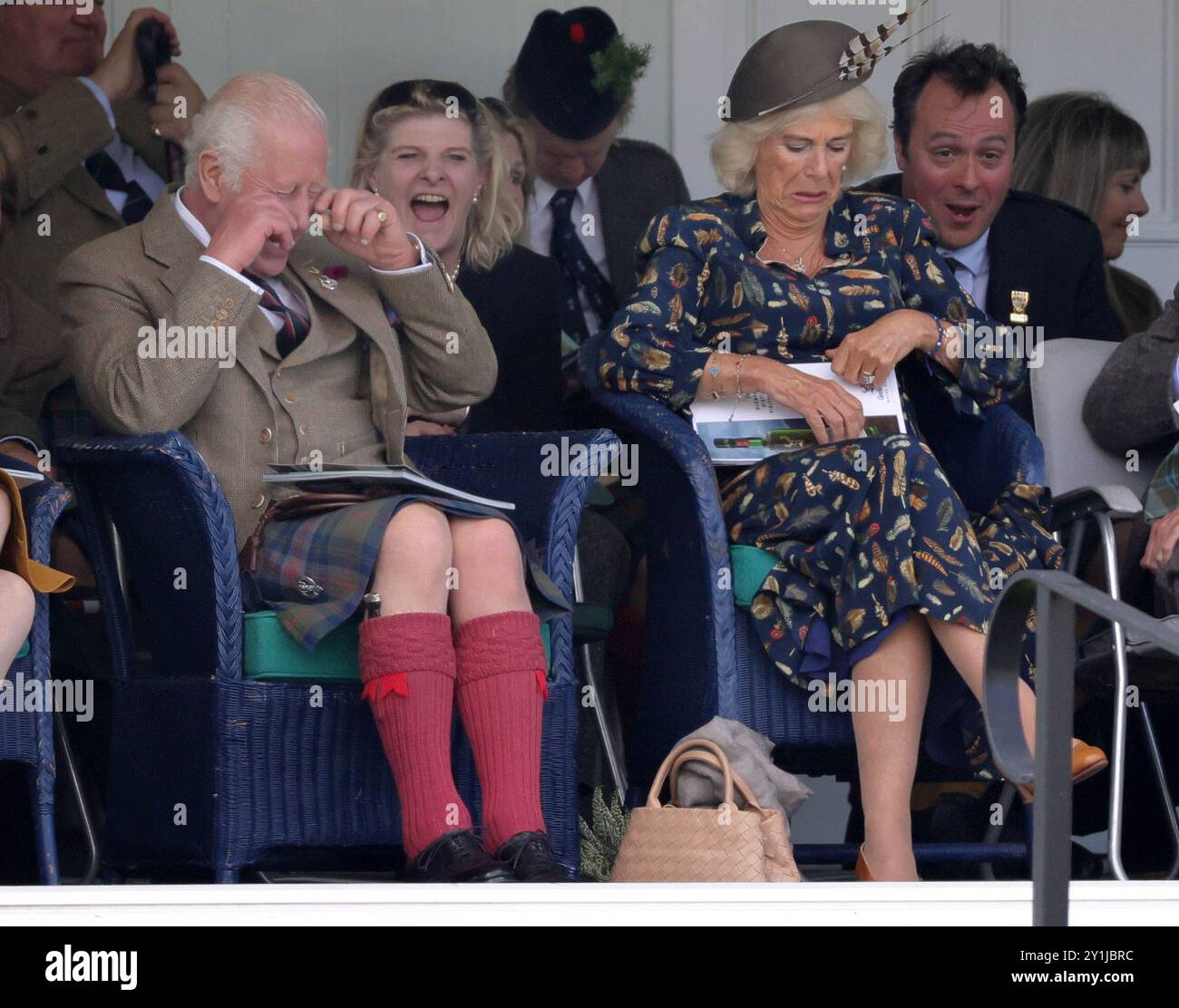 Braemar, UK. 07th Sep, 2024. Image © Licensed to Parsons Media. 07/09/2024. Braemar, United Kingdom. The King attends the Braemar Gathering. King Charles III accompanied by Queen Camilla attend the Braemar Gathering in the Highlands of Scotland near Balmoral Castle. Picture by Credit: andrew parsons/Alamy Live News Stock Photo