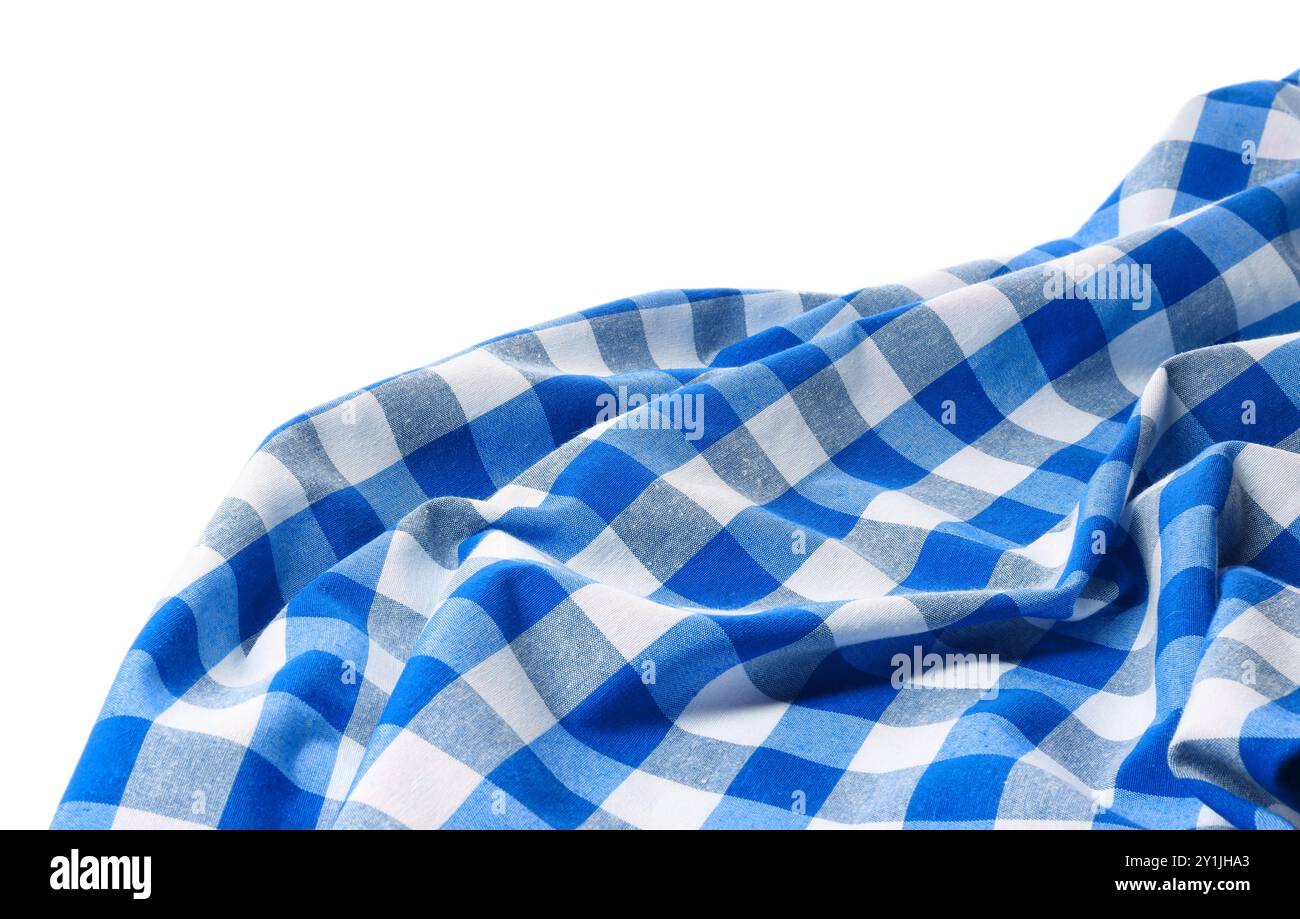 Blue checkered gingham fabric on white background Stock Photo