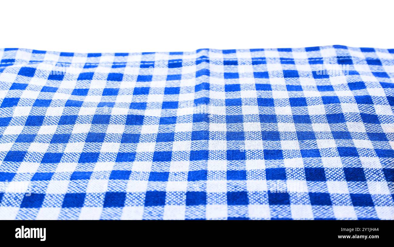 Blue checkered gingham fabric on white background Stock Photo