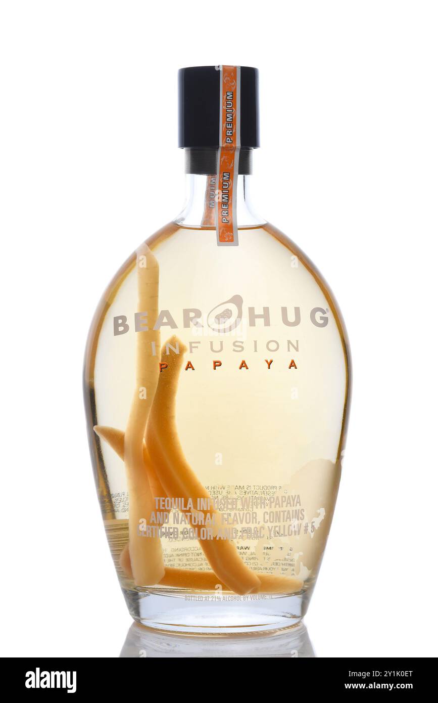 IRVINE, CALIFORNIA - 6 SEPT 2024: A bottle of Bear Hug Papaya Infused Tequila. Stock Photo