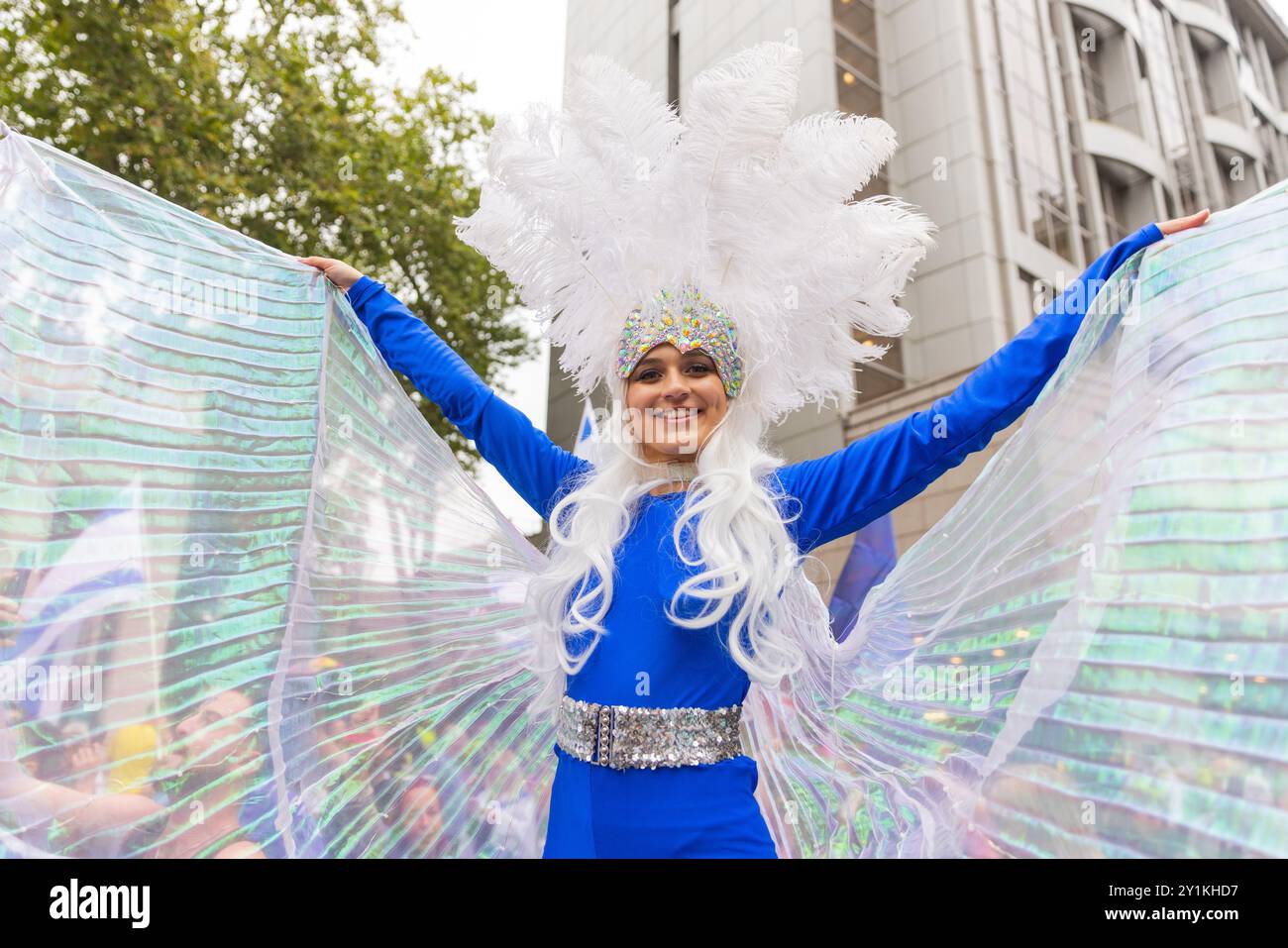 London, UK. 07 SEP, 2024. Performer poses as around 120 Pro Israeli demonstrators gathered outside the Israeli Embassy in what was widely seen to be a counter protest to the PSC national march, the event, in memory of the Nova music festival, had dancing, performers and a DJ. A heavy policing operation was in place to keep the two oposing sides seperated. Credit Milo Chandler/Alamy Live News Stock Photo