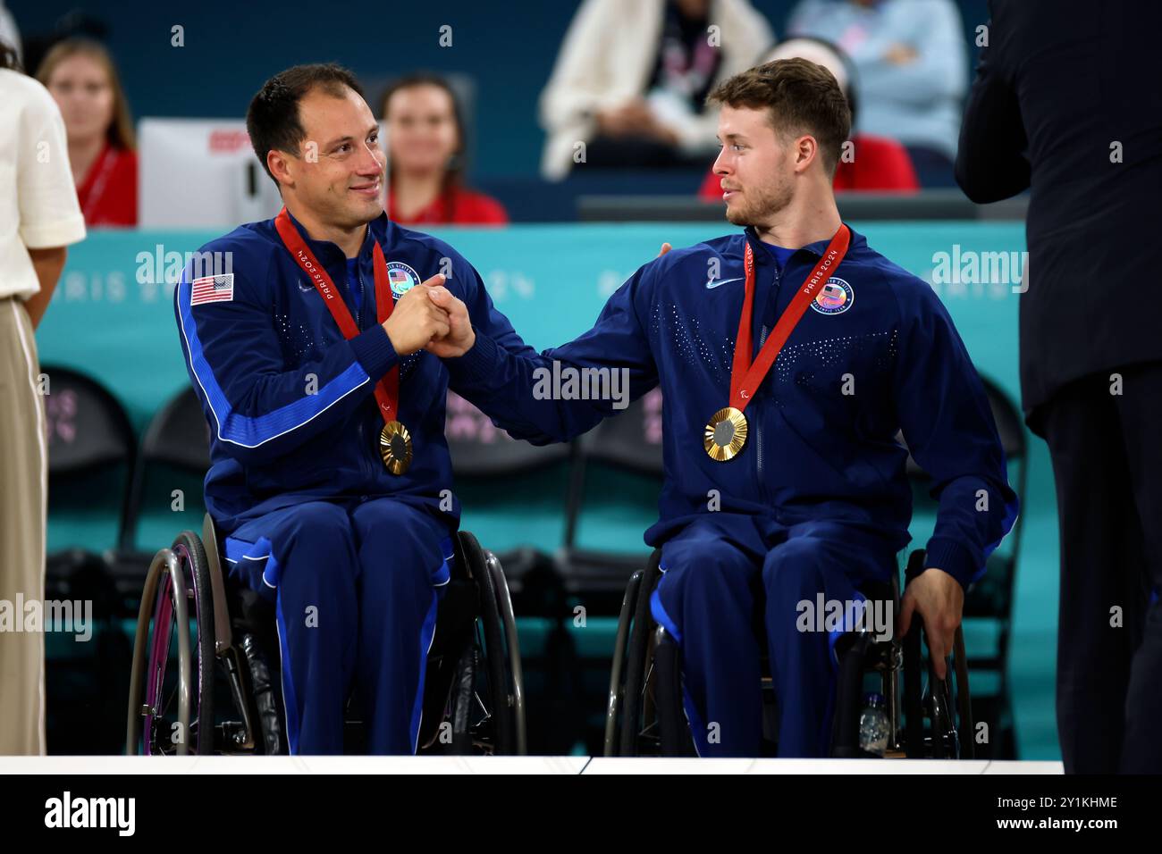Jake Williams, left, and Talen Jourdan of the U.S. pose with their gold