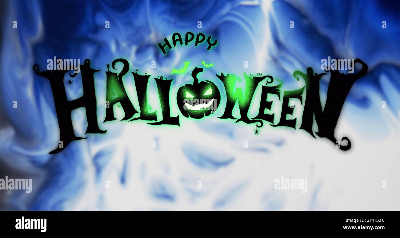 Image of happy halloween text and blue and white smoke background Stock Photo