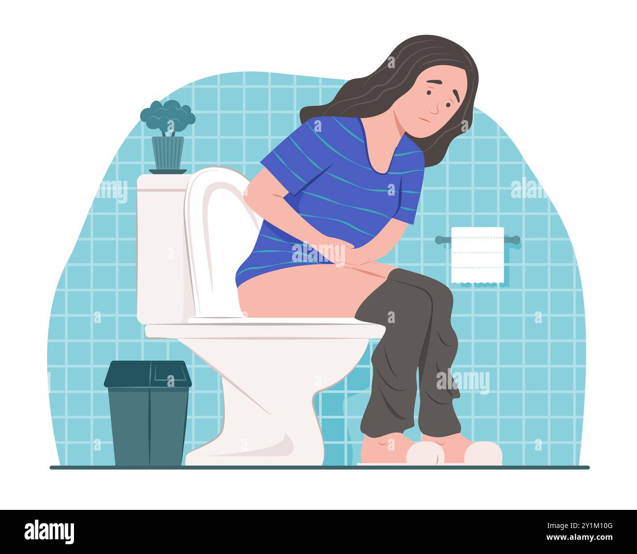 Woman Sitting on Toilet with Suffering from Stomachache for Menstrual Pain Concept Illustration Stock Vector