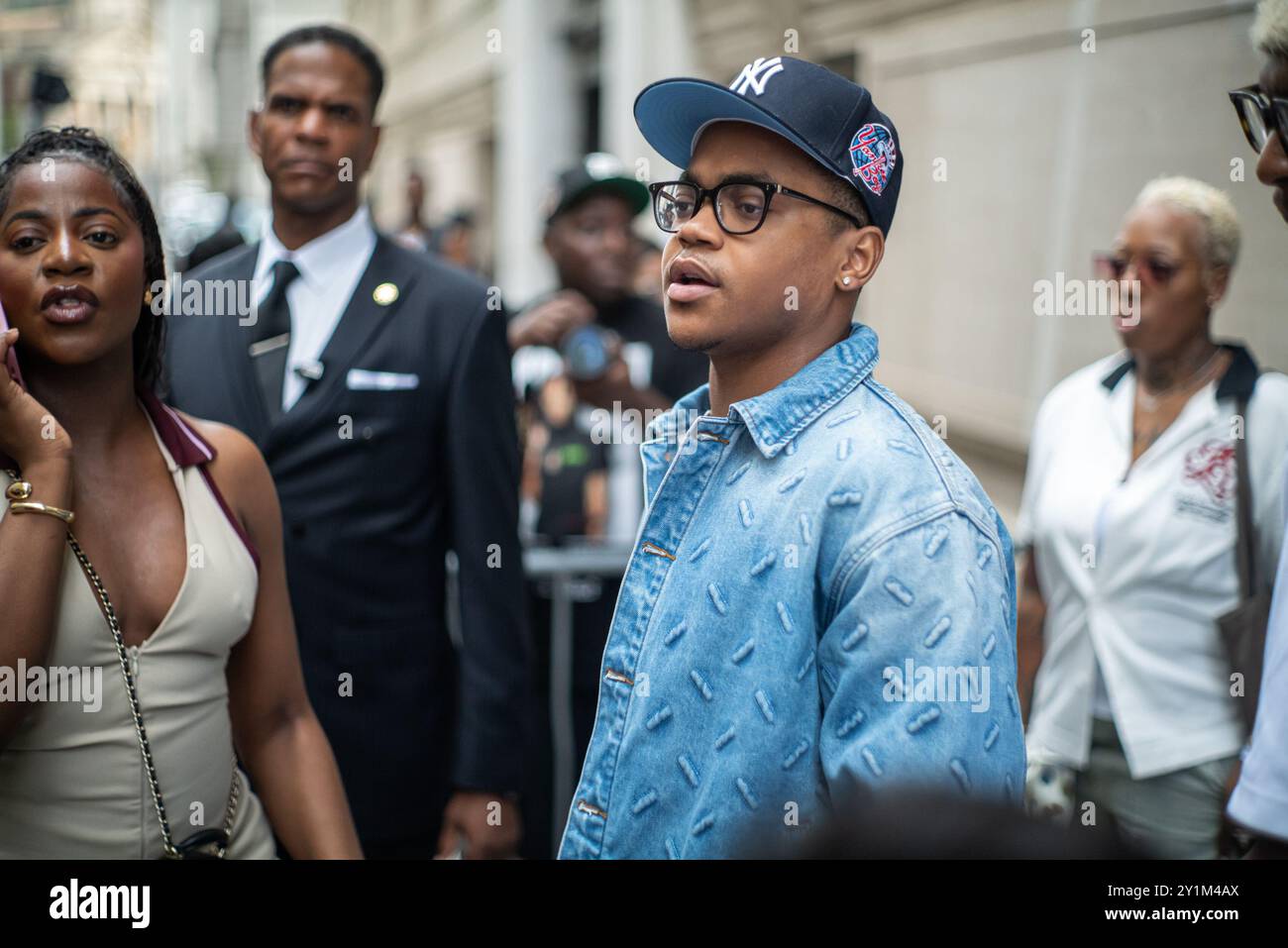 New York, New York, USA. 7th Sep, 2024. Actor and record produce MICHAEL RAINEY Jr. leaves Who Decides War show at the Hall Des Lumieres during fashion week in New York Fashion Week. Rainey is best known for the role of Tariq St. Patrick on Power and Power Book II: Ghost. He also starred as Michael Burset in Orange Is the New Black and Jalen in Barbershop. (Credit Image: © Brian Branch Price/ZUMA Press Wire) EDITORIAL USAGE ONLY! Not for Commercial USAGE! Stock Photo