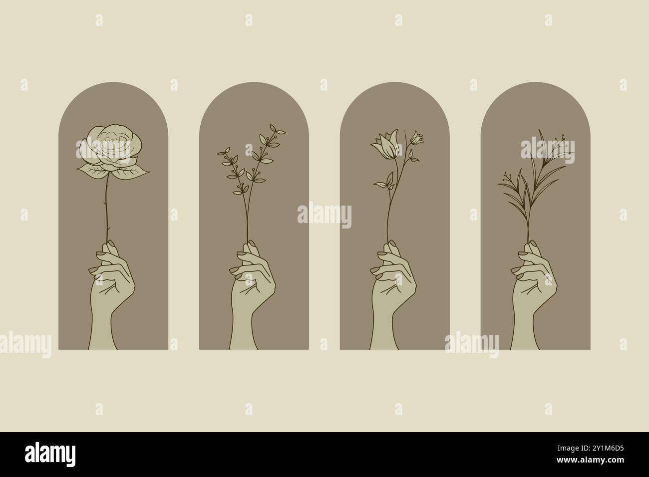 Exclusive Set of Hand drawn vector design. Set of hand holding flowers in feminine style. Vector design for tattoo, wedding, florists, home decor, bea Stock Vector