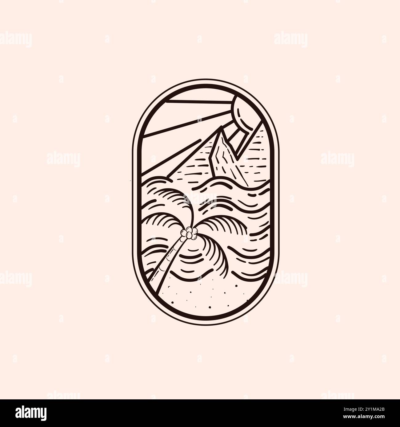 Summer Outdoor Monoline Logo Vector Illustration Design. Beach Landscape Line Art Illustration Badge Design. Beach Landscape Illustration Design. Stock Vector