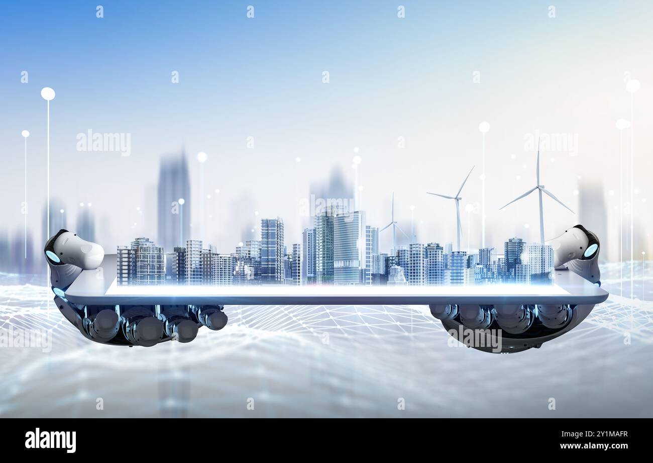 Smart city with 3d rendering robot in development city and digital network connection Stock Photo