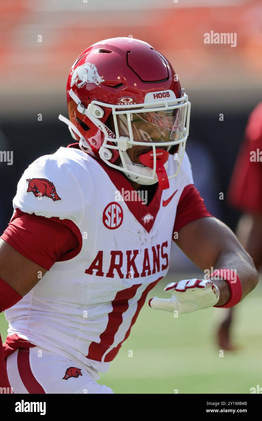 September 7, 2024: Jaylon Braxton #11 Razorback defensive back moves away from the line. Oklahoma State defeated Arkansas 39-31 in double overtime in Stillwater, OK. Richey Miller/CSM Stock Photo