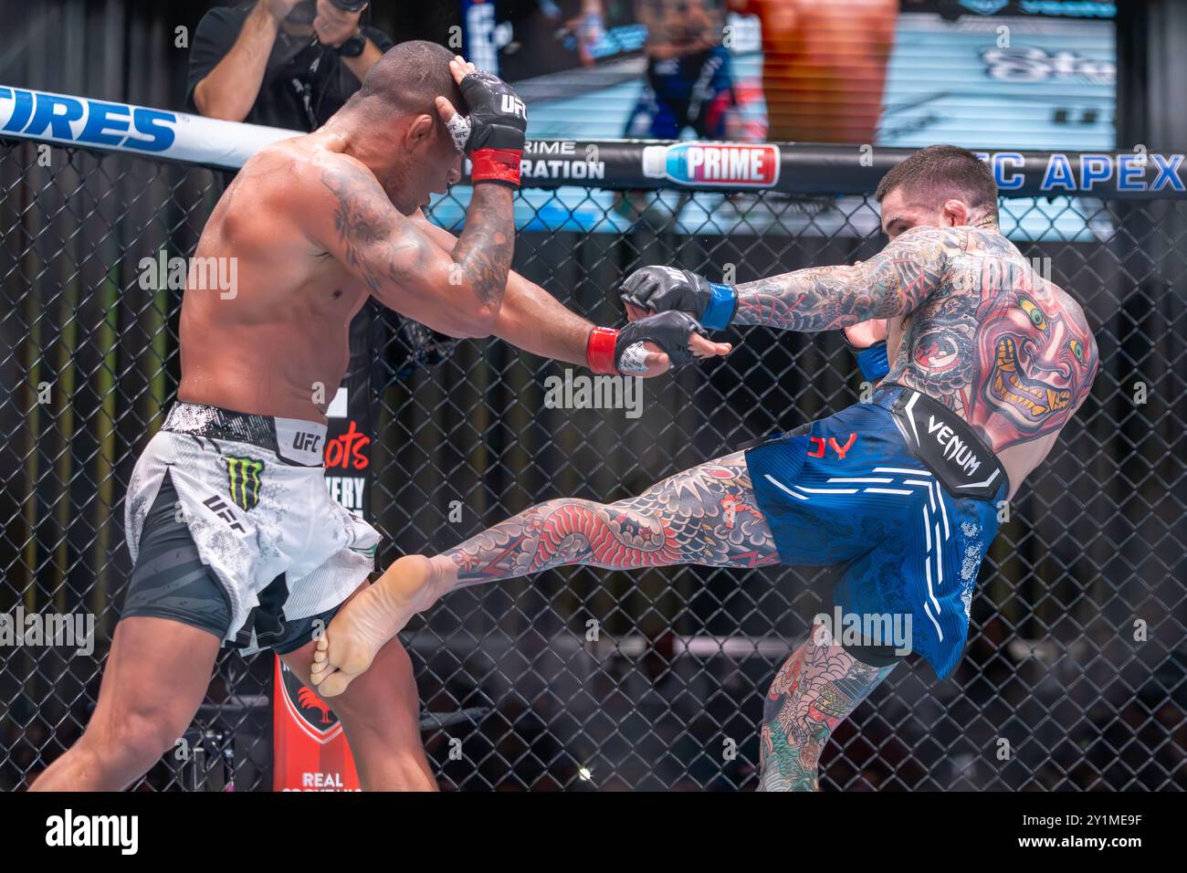 Las Vegas, USA. 7th Sep 2024. UFC Welterweight Sean Brady lands leg kick on Gilbert Burns during UFC on ESPN  100 at UFC Apex Credit: Malachi Gabriel/Alamy Live News Stock Photo