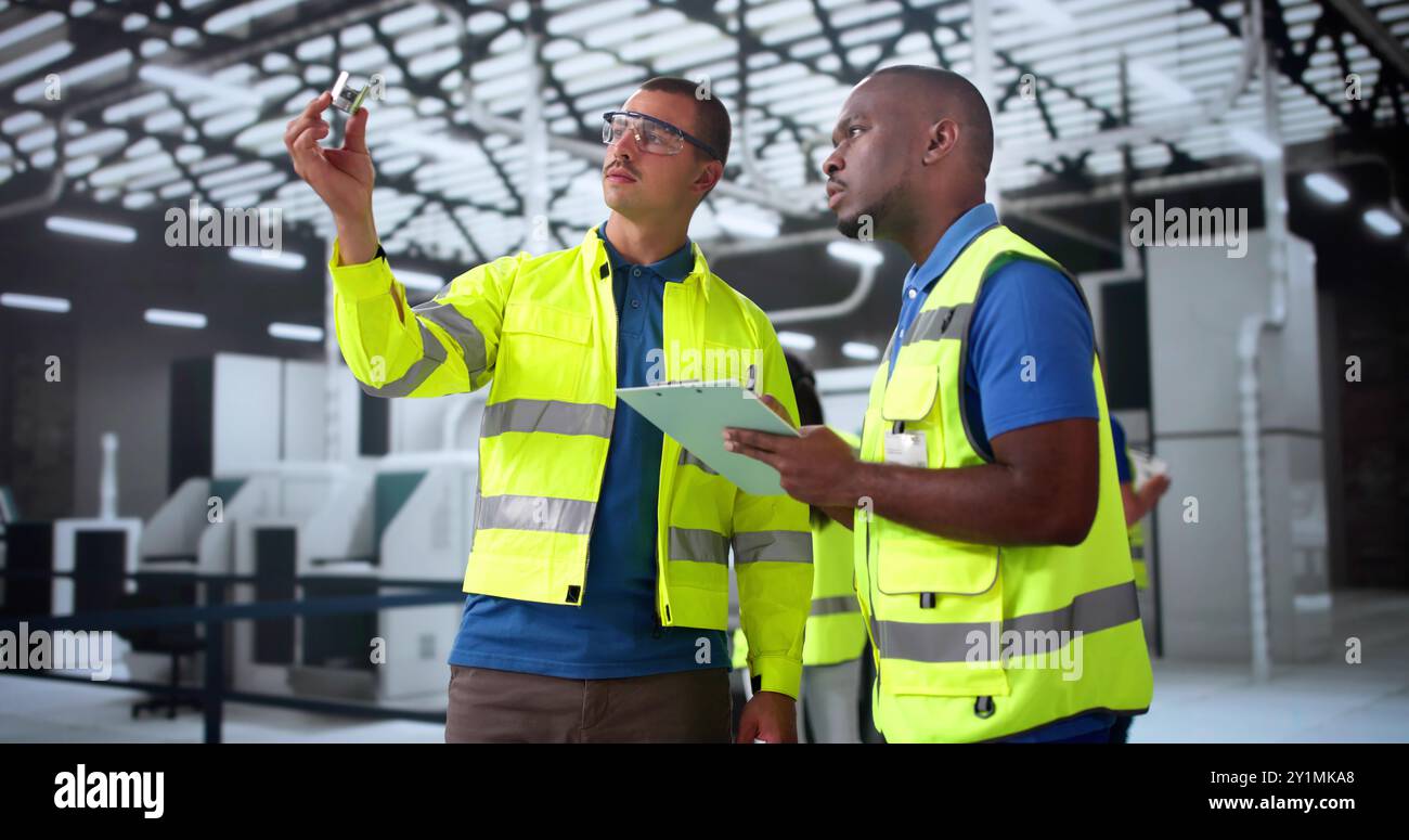 Factory Engineers Examining CNC machine parts. Engineering Facility Paperwork Stock Photo