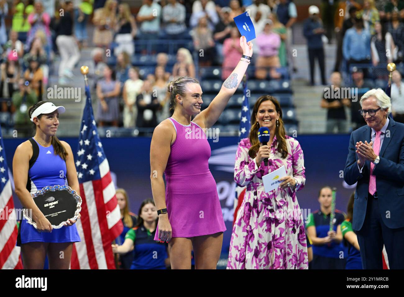 New York, USA. 7th Sep, 2024. Aryna Sabalenka celebrates during the ...