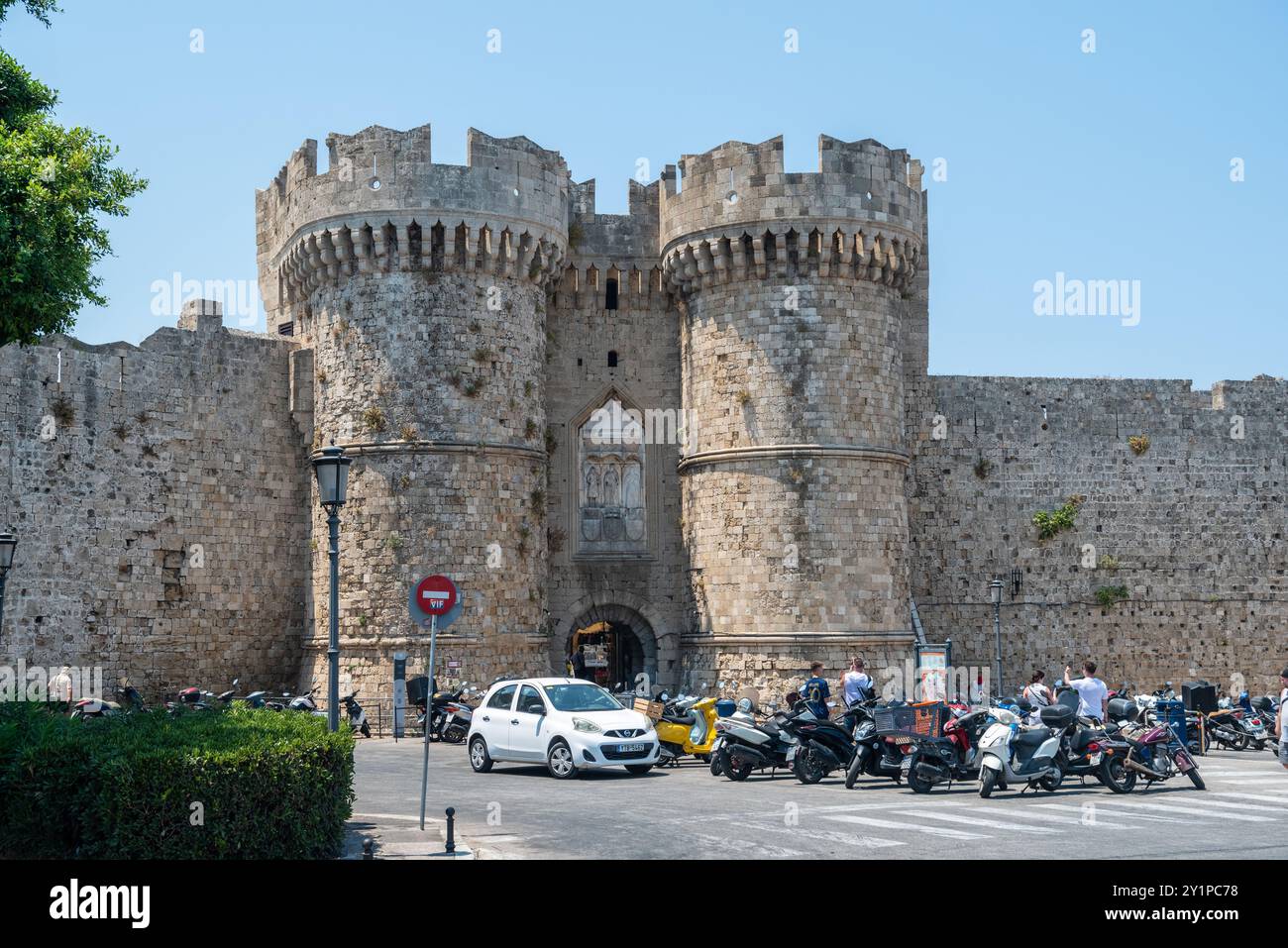 Rhodes Town, Greece – July 18, 2024. Sea (Marine) Gate in the Rhodes Town, Greece. The harborfront stone entryway from the Middle Ages has double cren Stock Photo