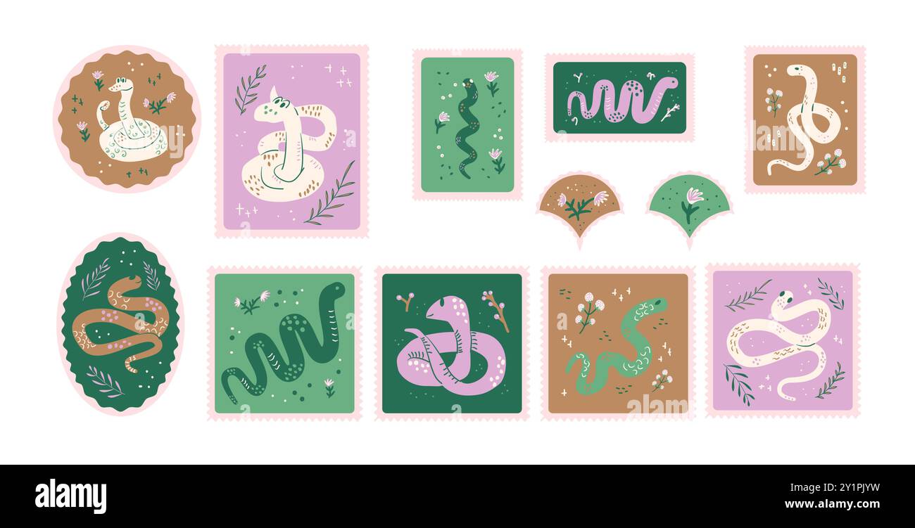Snakes stamps set. Reptile animal rectangle, oval and arch stickers ...