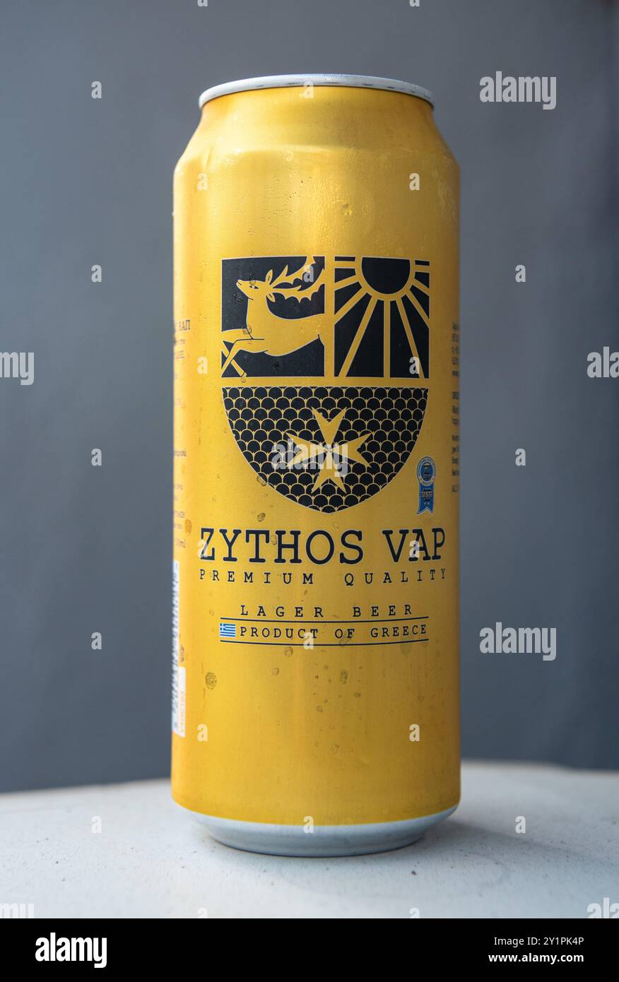 Rhodes Town, Greece – July 19, 2024. Can of Zythos Vap lager beer in  Greece. The beer is made in the island of Rhodes Stock Photo