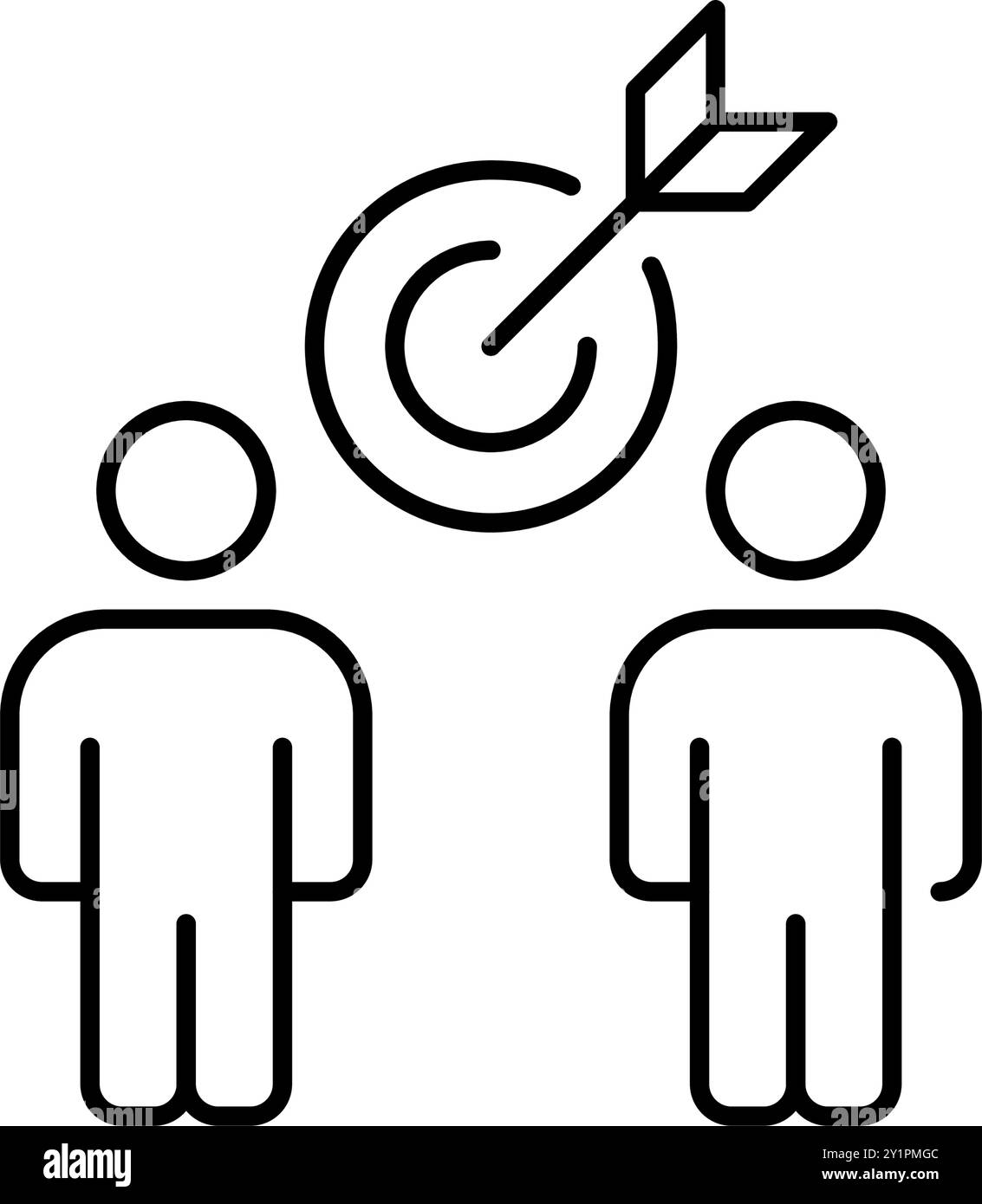 Two users with arrow hitting bullseye. Achieving collective success. Goal-oriented strategies. Pixel perfect, editable stroke vector icon Stock Vector