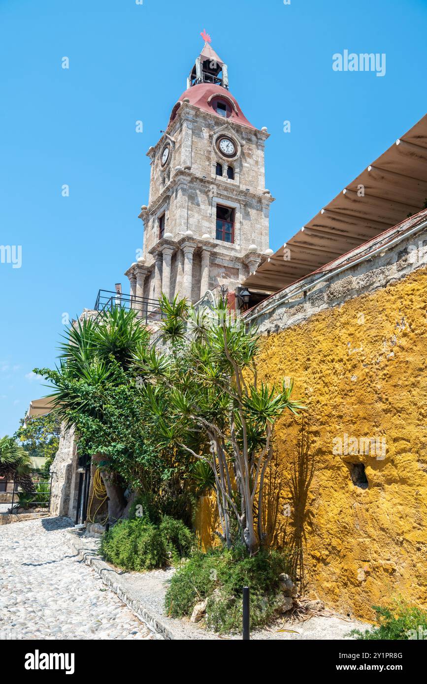 Roloi clock tower in Rhodes Town, Greece. The tower dates from 1852. Stock Photo