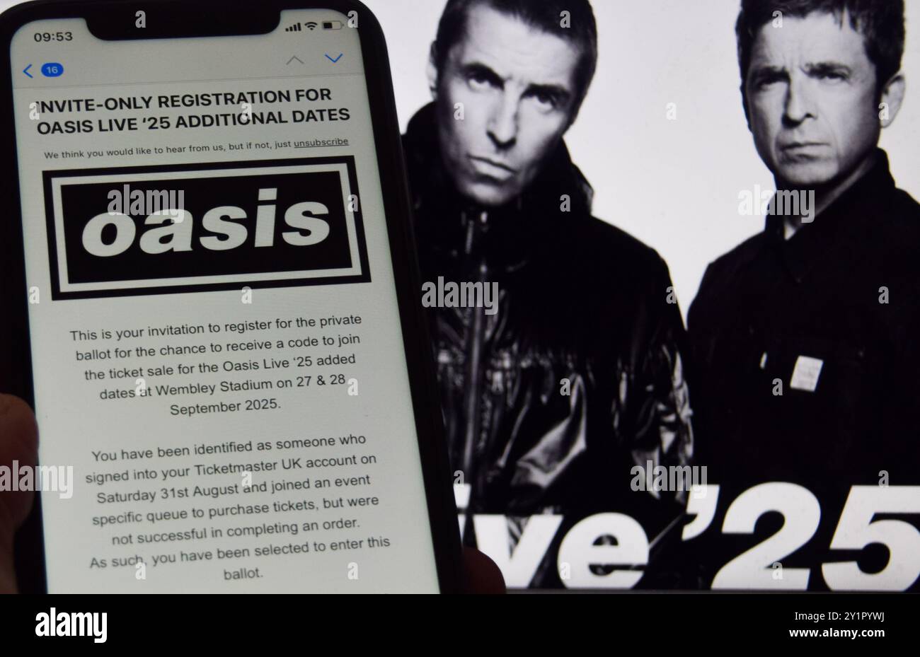 London, UK. 8th September 2024. A phone screen shows the invitation email for the private ballot for additional Oasis tickets as the Manchester rock band, led by Noel and Liam Gallagher, add extra dates for their reunion tour. The band and Ticketmaster have been criticized over 'dynamic pricing' which meant that fans paid far more than the original face value of tickets. The originally announced dates sold out within hours of going on sale. Credit: Vuk Valcic/Alamy Live News Stock Photo