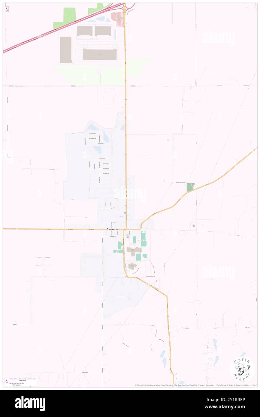 Monrovia, Morgan County, US, United States, Indiana, N 39 34' 44'', S 86 28' 55'', map, Cartascapes Map published in 2024. Explore Cartascapes, a map revealing Earth's diverse landscapes, cultures, and ecosystems. Journey through time and space, discovering the interconnectedness of our planet's past, present, and future. Stock Photo