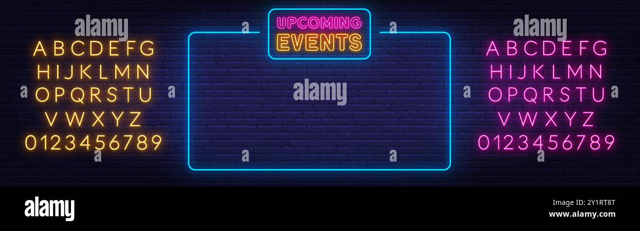 Upcoming Event neon sign template in frame on brick wall background ...