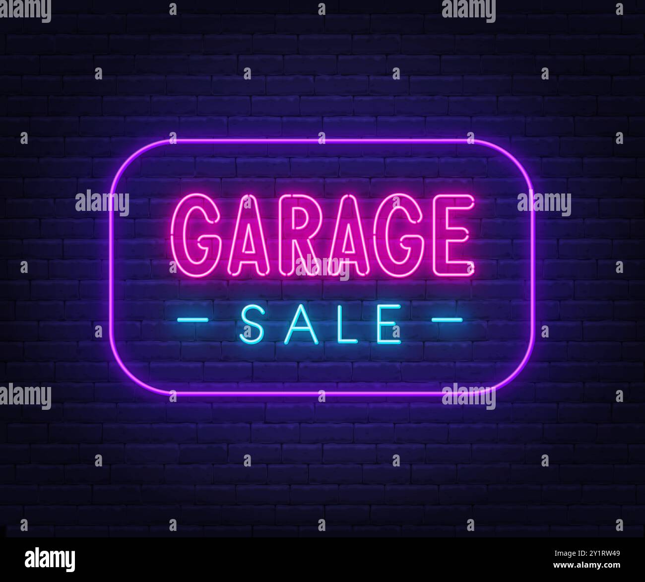 Garage Sale neon sign in speech bubble on brick wall background. Stock Vector