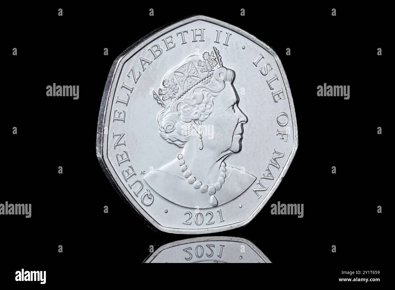 The obverse side of an Isle of Man 50p coin with a coin portrait of Queen Elizabeth II by Jody Clark. Stock Photo