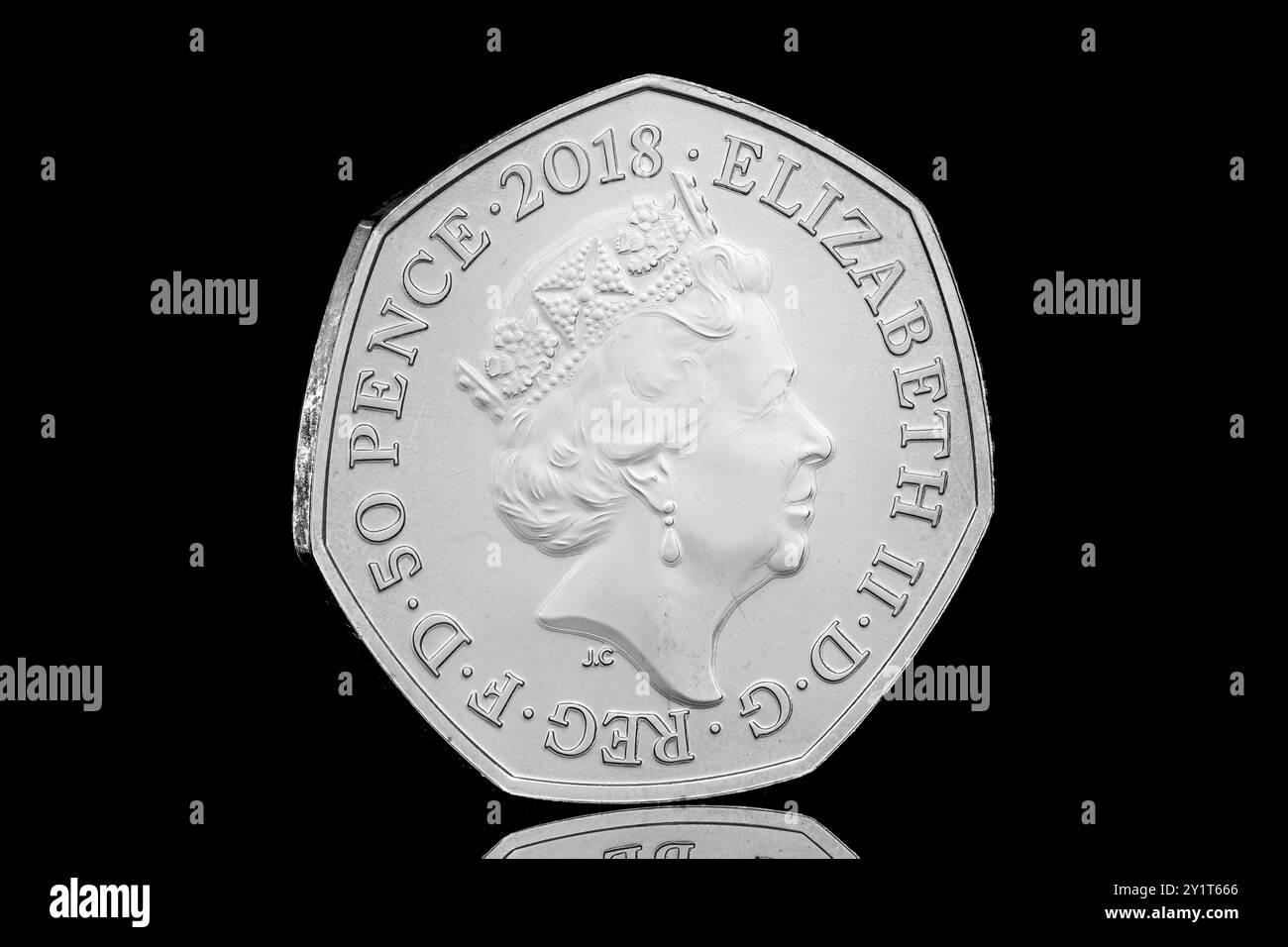 2018 50p coin obverse featuring the 5th coin portrait of Queen Elizabeth II by Jody Clark. Stock Photo