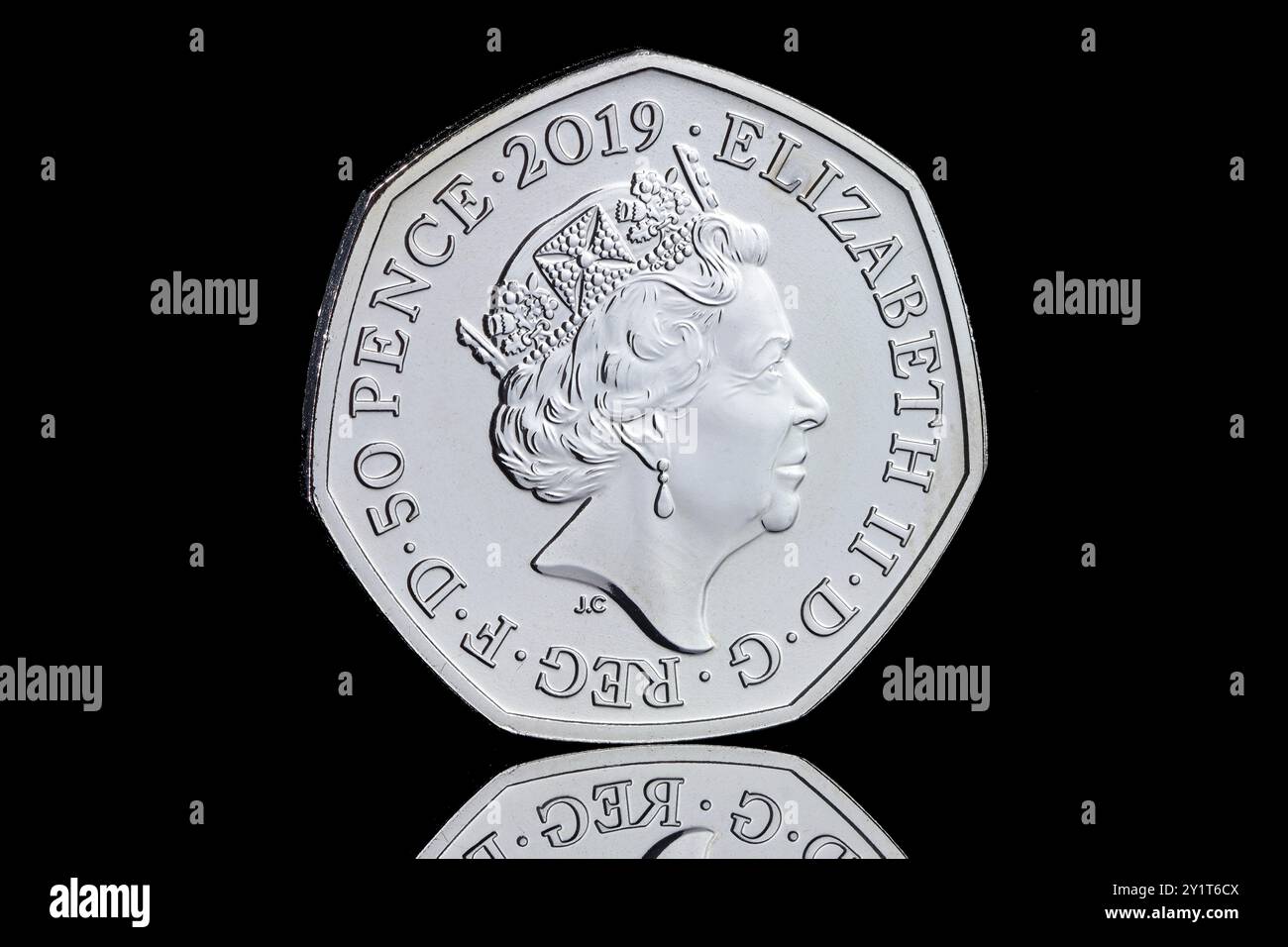2019 UK 50 pence coin features the fifth coin portrait of Queen Elizabeth II and was designed by Jody Clark Stock Photo