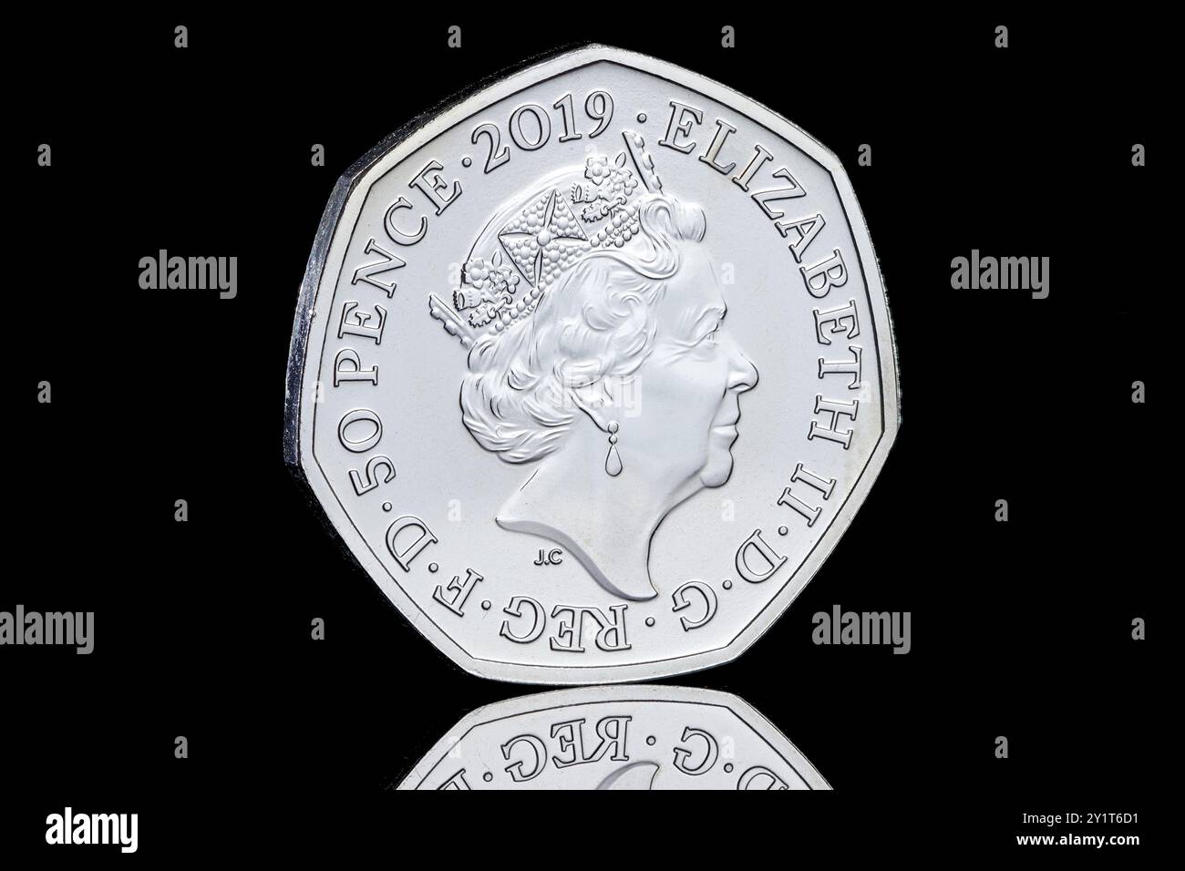 2019 UK 50 pence coin features the fifth coin portrait of Queen Elizabeth II and was designed by Jody Clark Stock Photo