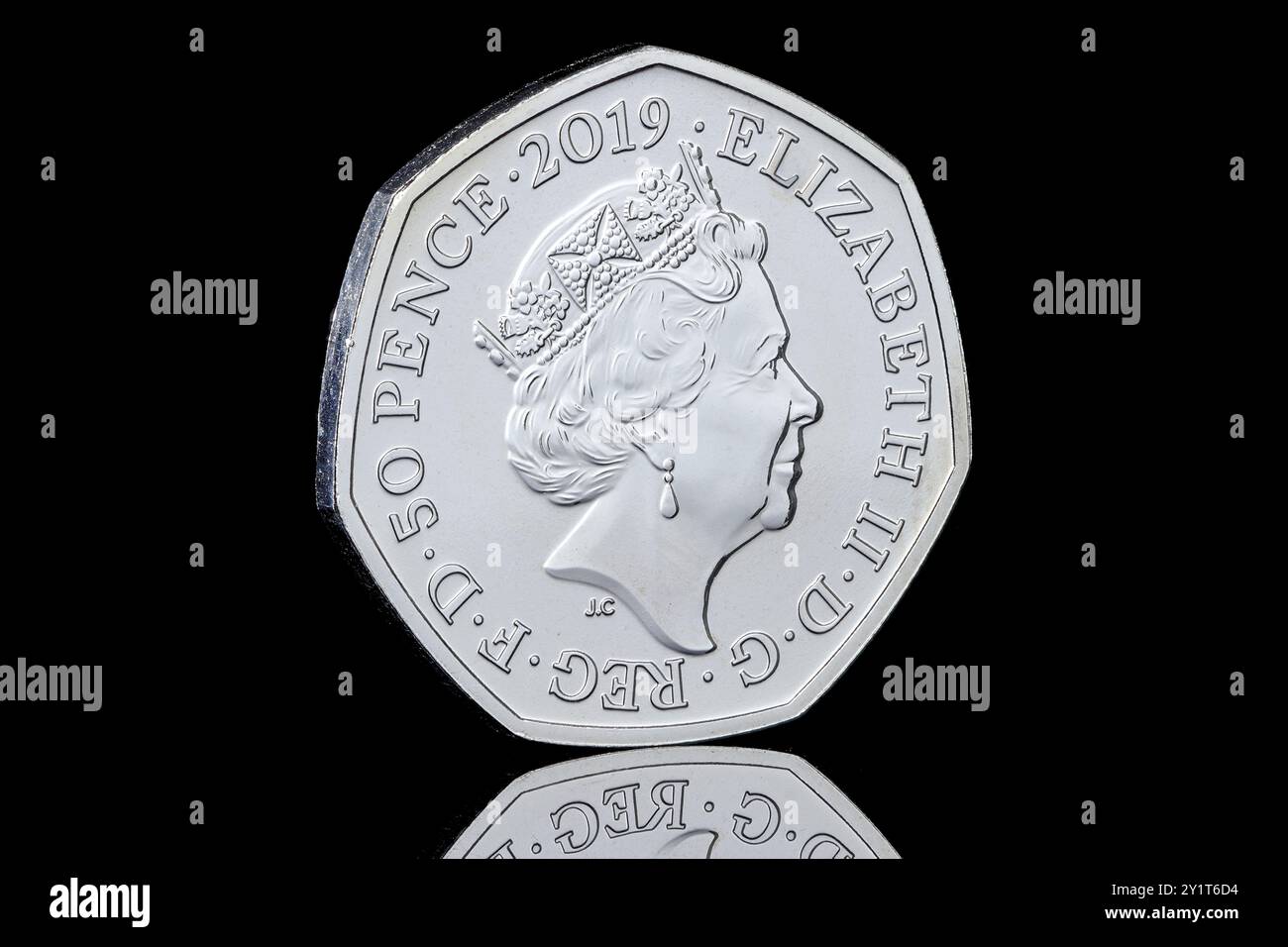 2019 UK 50 pence coin features the fifth coin portrait of Queen Elizabeth II and was designed by Jody Clark Stock Photo