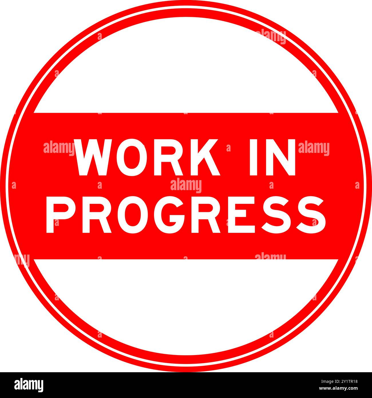 Red color round seal sticker in word work in progress on white ...