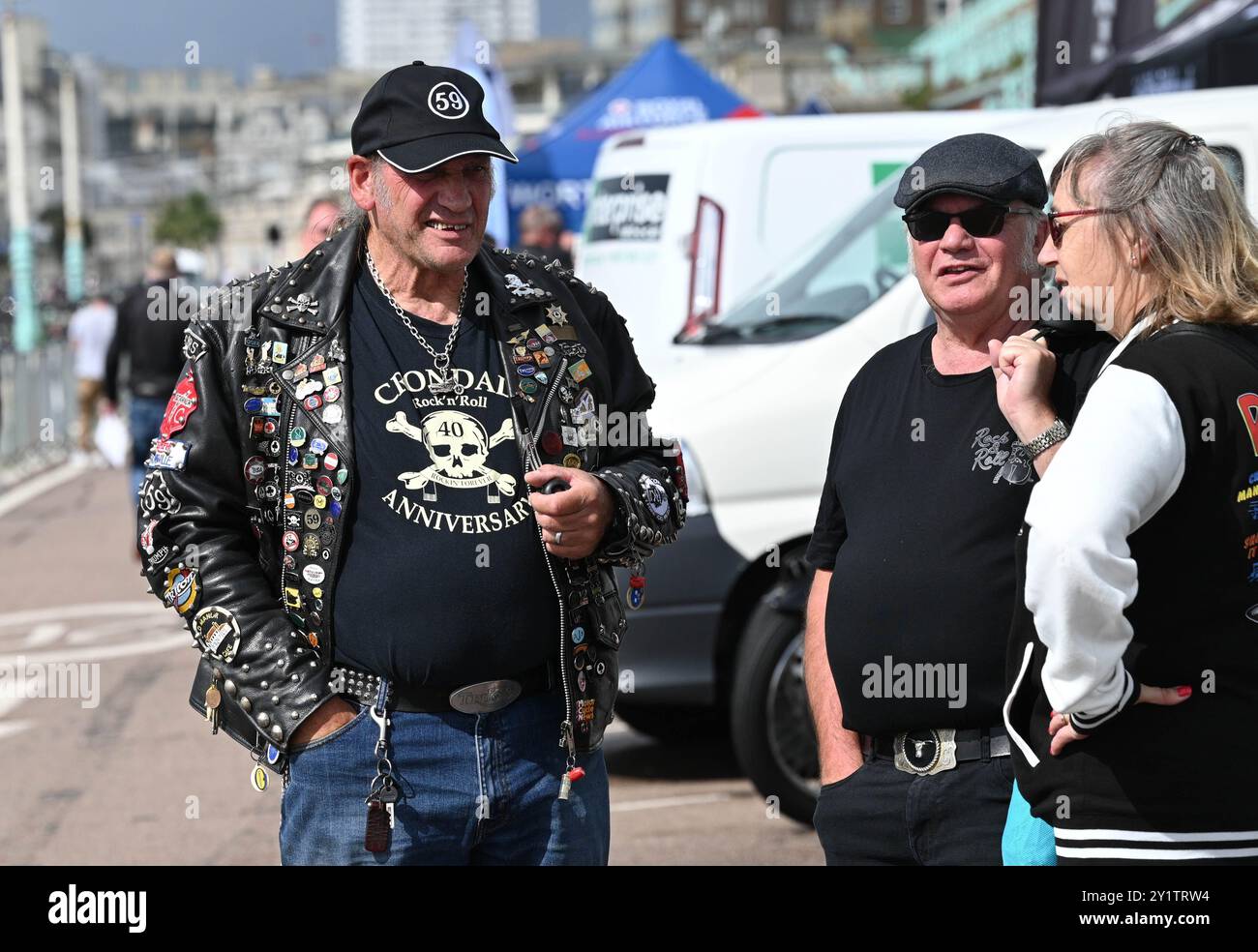 Brighton UK 8th September 2024 - Hundreds of motorcyclists and rockers at the Ace Day Brighton Burn Up which is part of the  30th Anniversary of the Ace Cafe Reunion event which starts in in London and finishes on Madeira Drive in Brighton . The 3 day weekend event celebrates the history and heritage of the famous Ace Cafe in London 25 years after it had closed in 1969 with the first reunion being held in 1994 at London and in Brighton : Credit Simon Dack / Alamy Live News Stock Photo