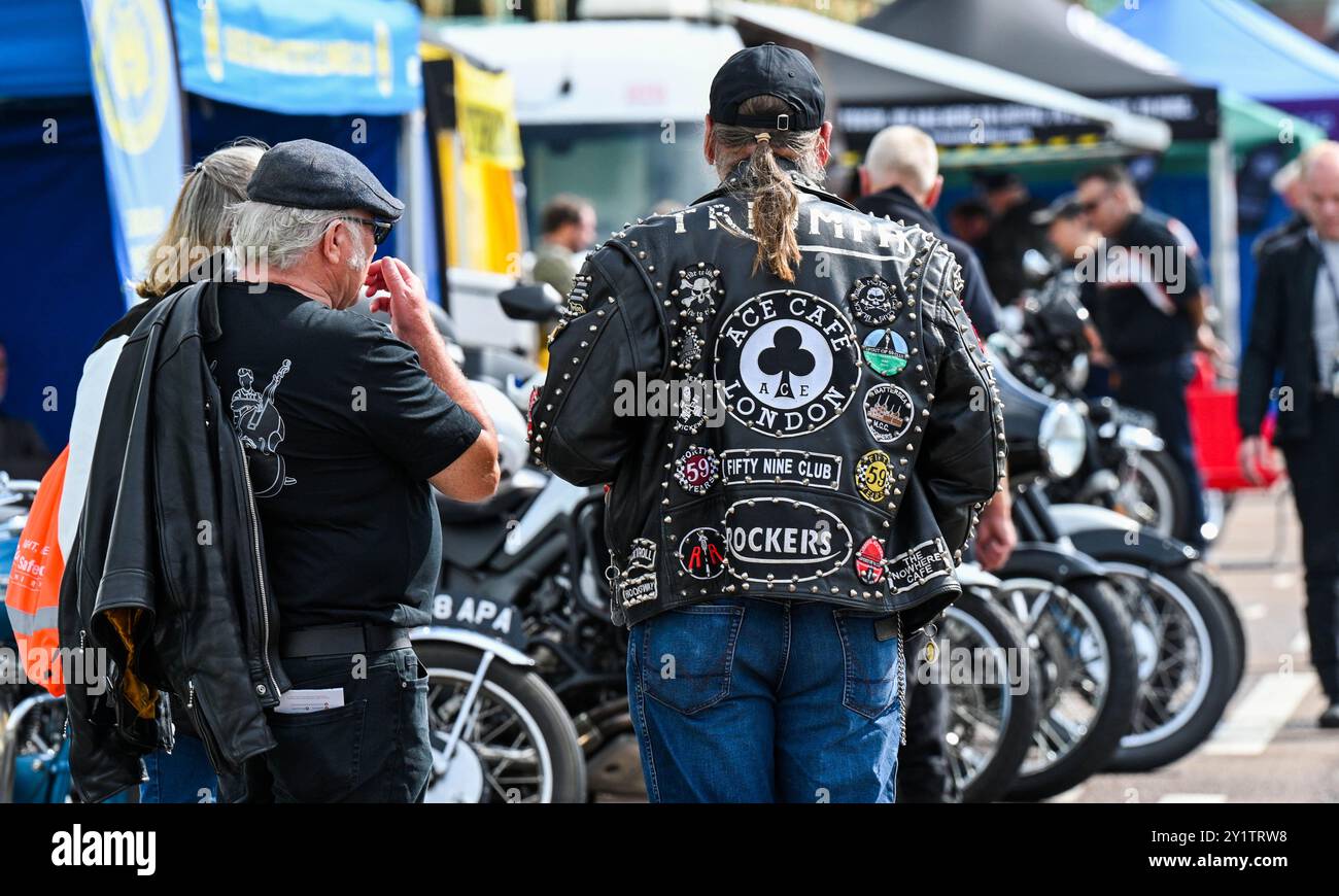 Brighton UK 8th September 2024 - Hundreds of motorcyclists and rockers at the Ace Day Brighton Burn Up which is part of the  30th Anniversary of the Ace Cafe Reunion event which starts in in London and finishes on Madeira Drive in Brighton . The 3 day weekend event celebrates the history and heritage of the famous Ace Cafe in London 25 years after it had closed in 1969 with the first reunion being held in 1994 at London and in Brighton : Credit Simon Dack / Alamy Live News Stock Photo