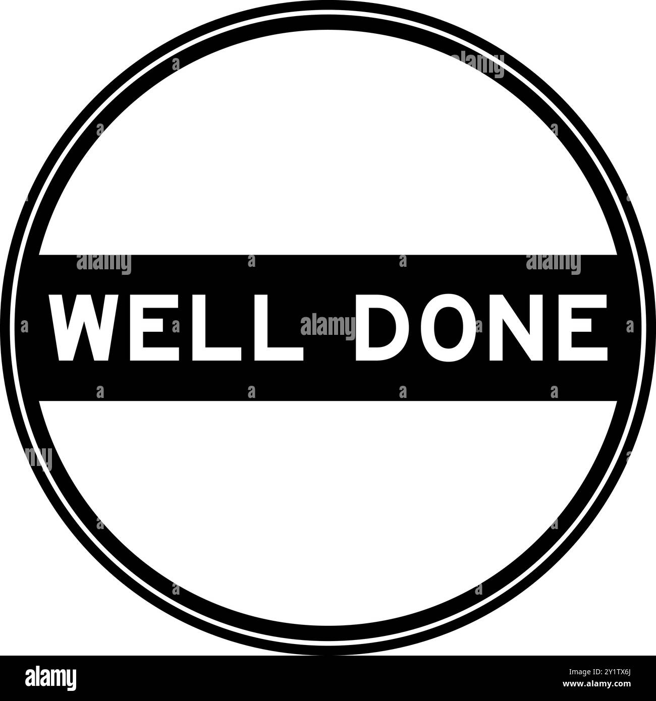 Black color round seal sticker in word well done on white background ...