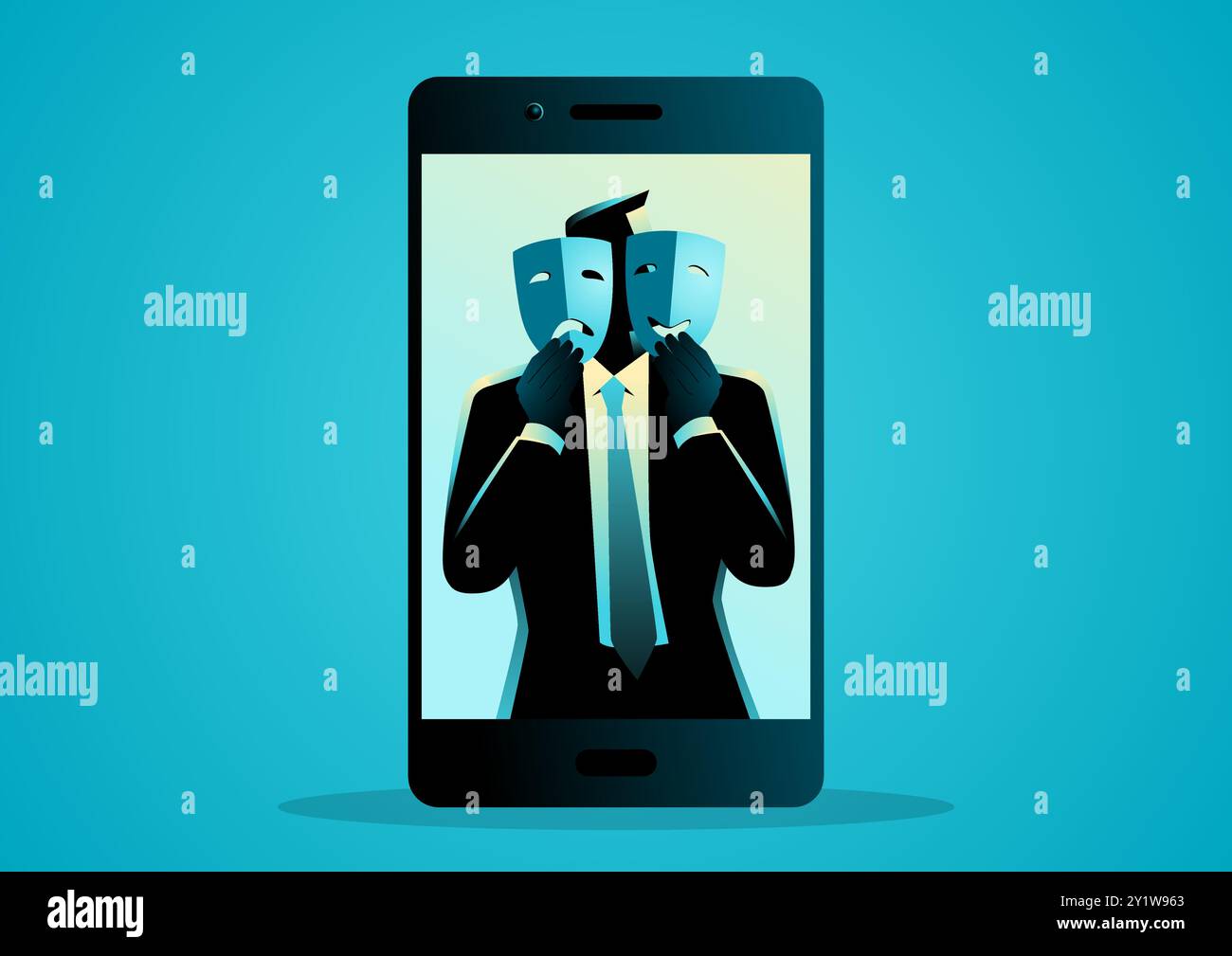 Picture of a man holding happy and sad face masks on social media profile, dissemblance, pretend, hypocrite, falsity on social media concepts Stock Vector