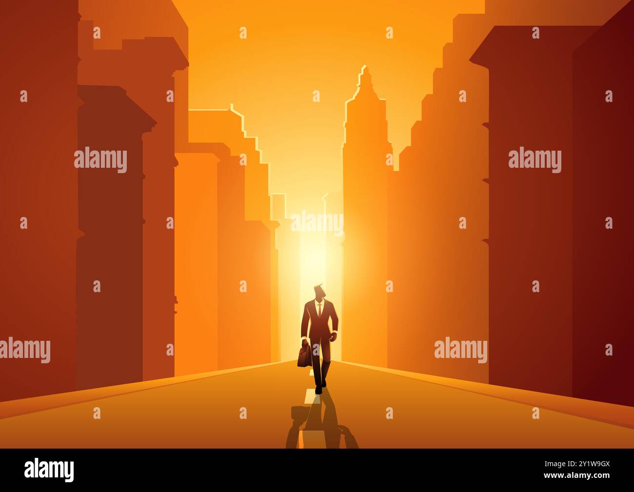 Businessman walking with a briefcase in the middle of a city street, flanked by buildings on both sides. Ideal for urban opportunities themes, the pro Stock Vector