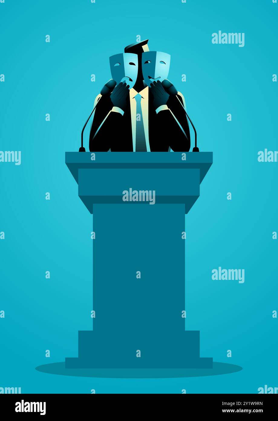 Politician holding both a happy and a sad mask on the podium, symbol of the political personas, conveying the duality of expressions in the public eye Stock Vector