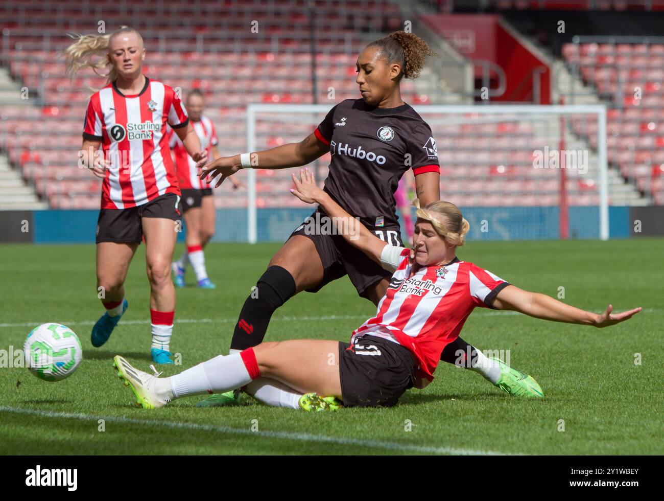 Southampton, UK. 8th Sep, 2024. Lexi Lloyd-Smith (10 Bristol City) and Jemma Purfield (21 Southampton) in action during the Barclays Womens Championship game between Southampton and Bristol City at St Marys Stadium, Southampton. (Tom Phillips/SPP) Credit: SPP Sport Press Photo. /Alamy Live News Stock Photo