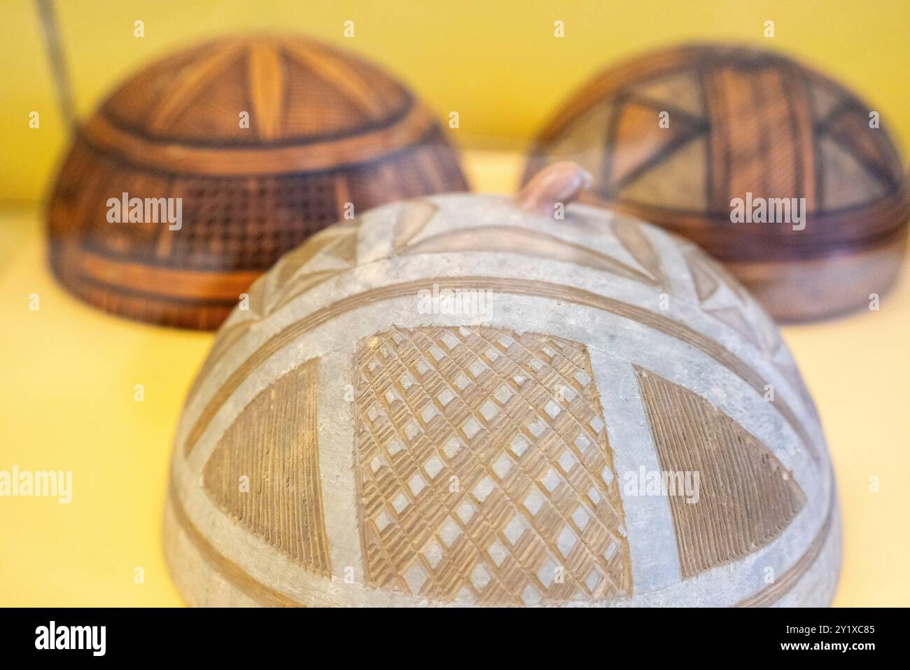 Traditional decorated bowls, West Africa, 19th century, pumpkin bark and pigment, Anthropology National Museum, Madrid, Spain. Stock Photo