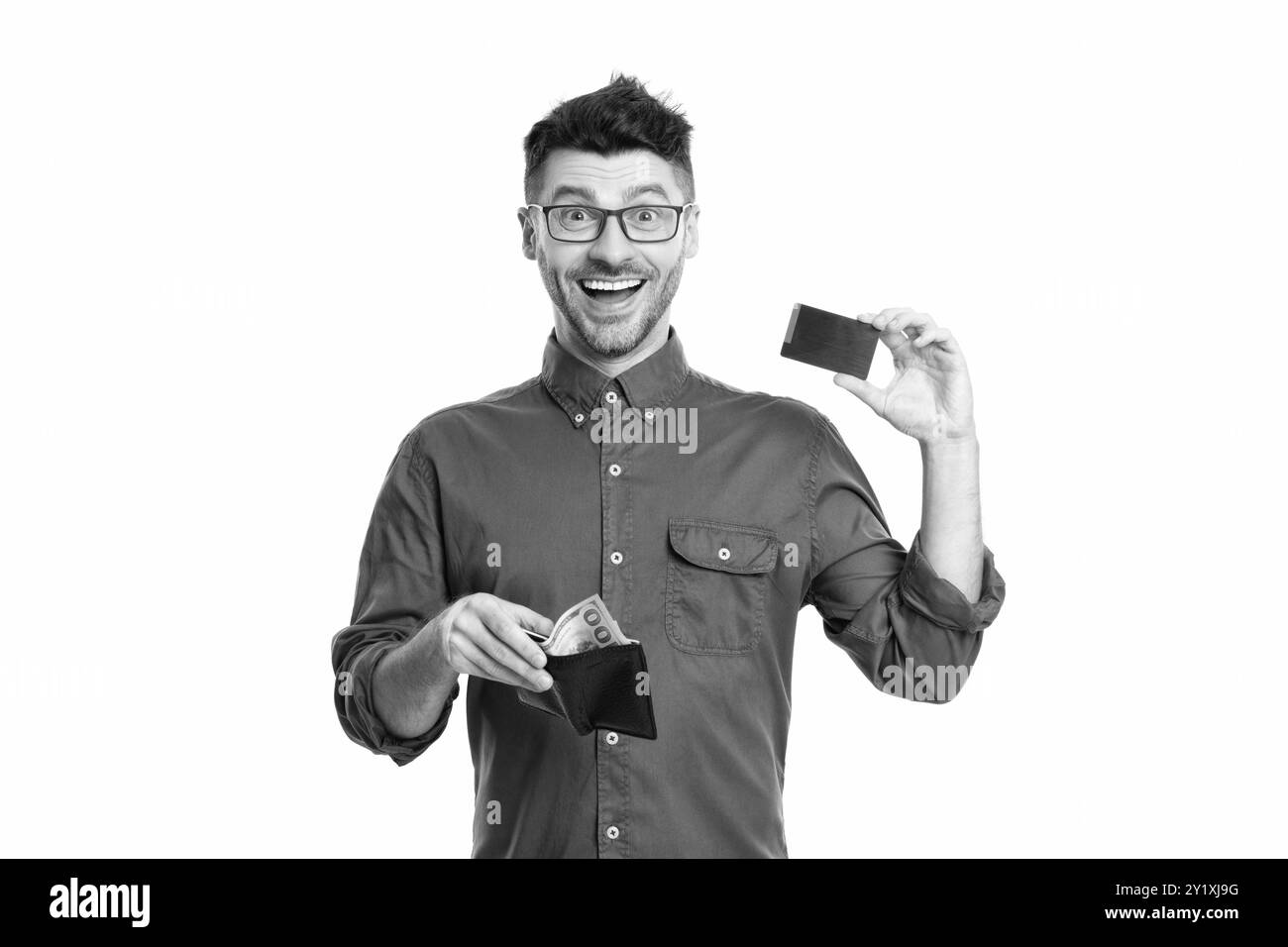 man transfer money to card. studio shot of man going to transfer money. payment method Stock Photo