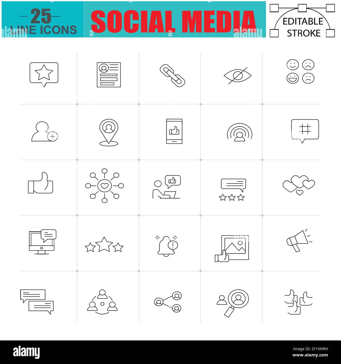 Set of social media icons. Linear icons on white background. Stock Vector