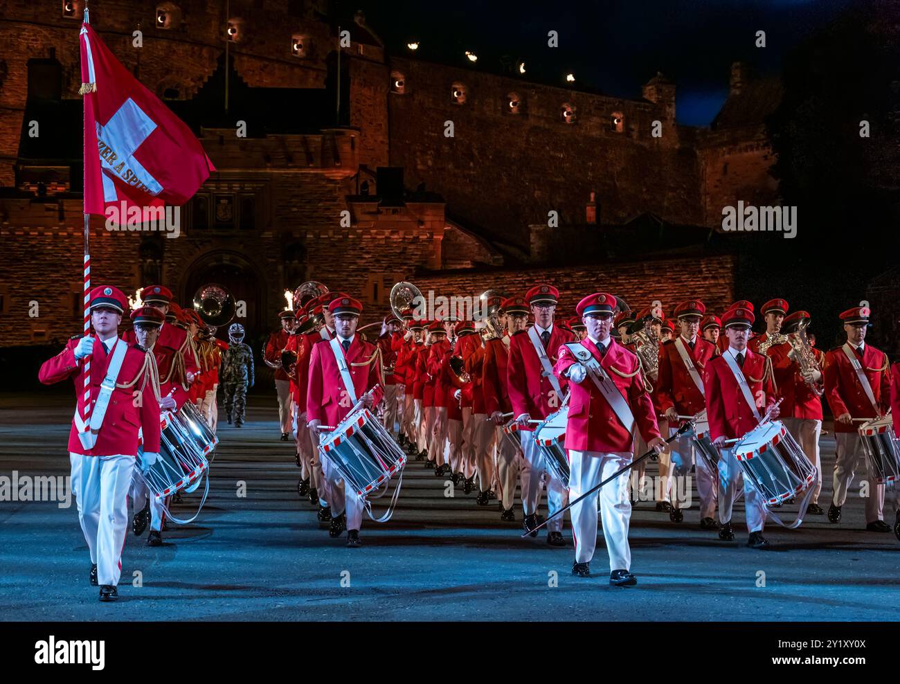 Swiss Armed Forces Central Band playing drums at Edinburgh Military Tattoo performance, Scotland, UK Stock Photo