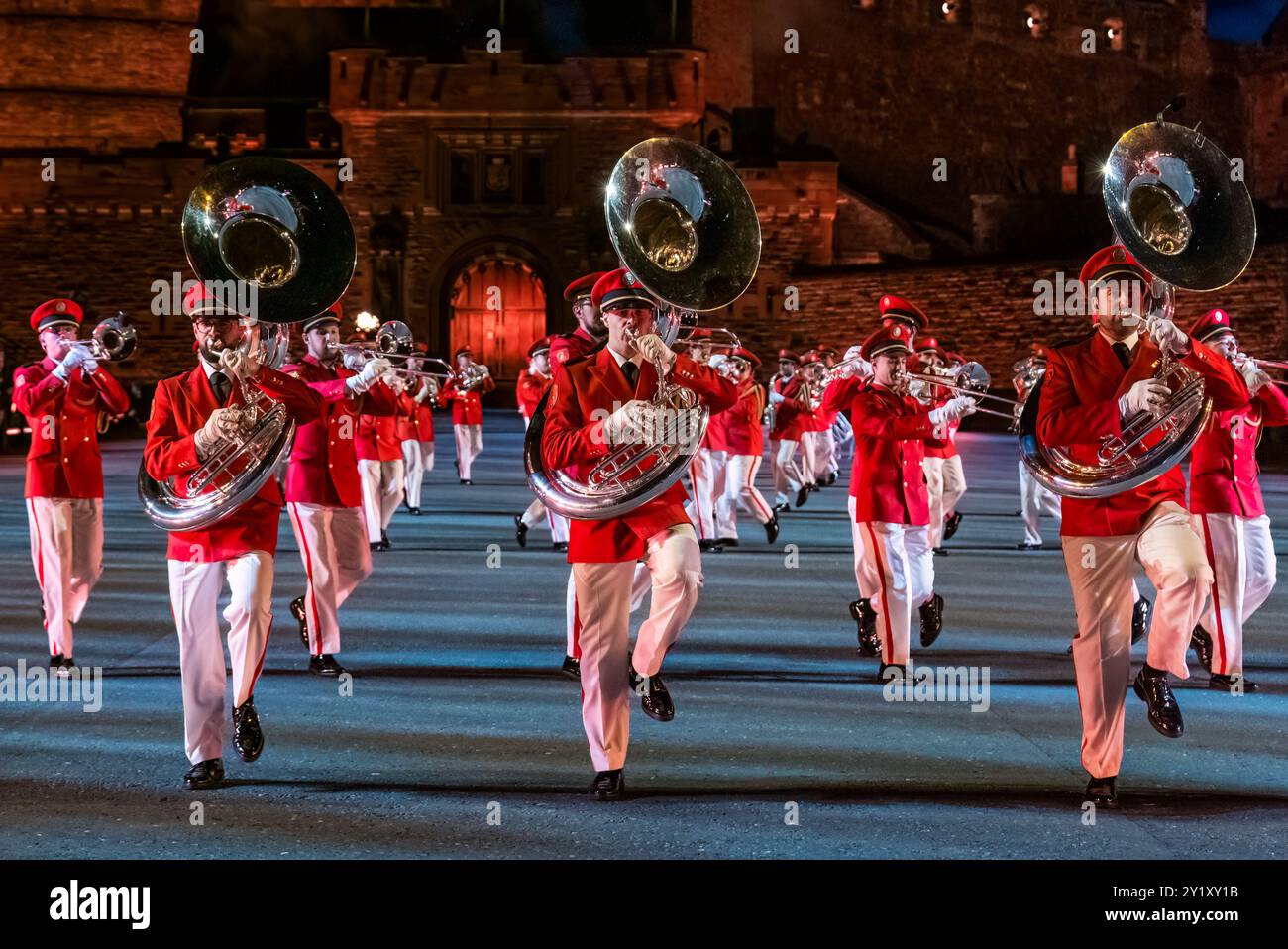 Swiss Armed Forces Central Band playing sousaphone brass instruments at Edinburgh Military Tattoo performance, Scotland, UK Stock Photo