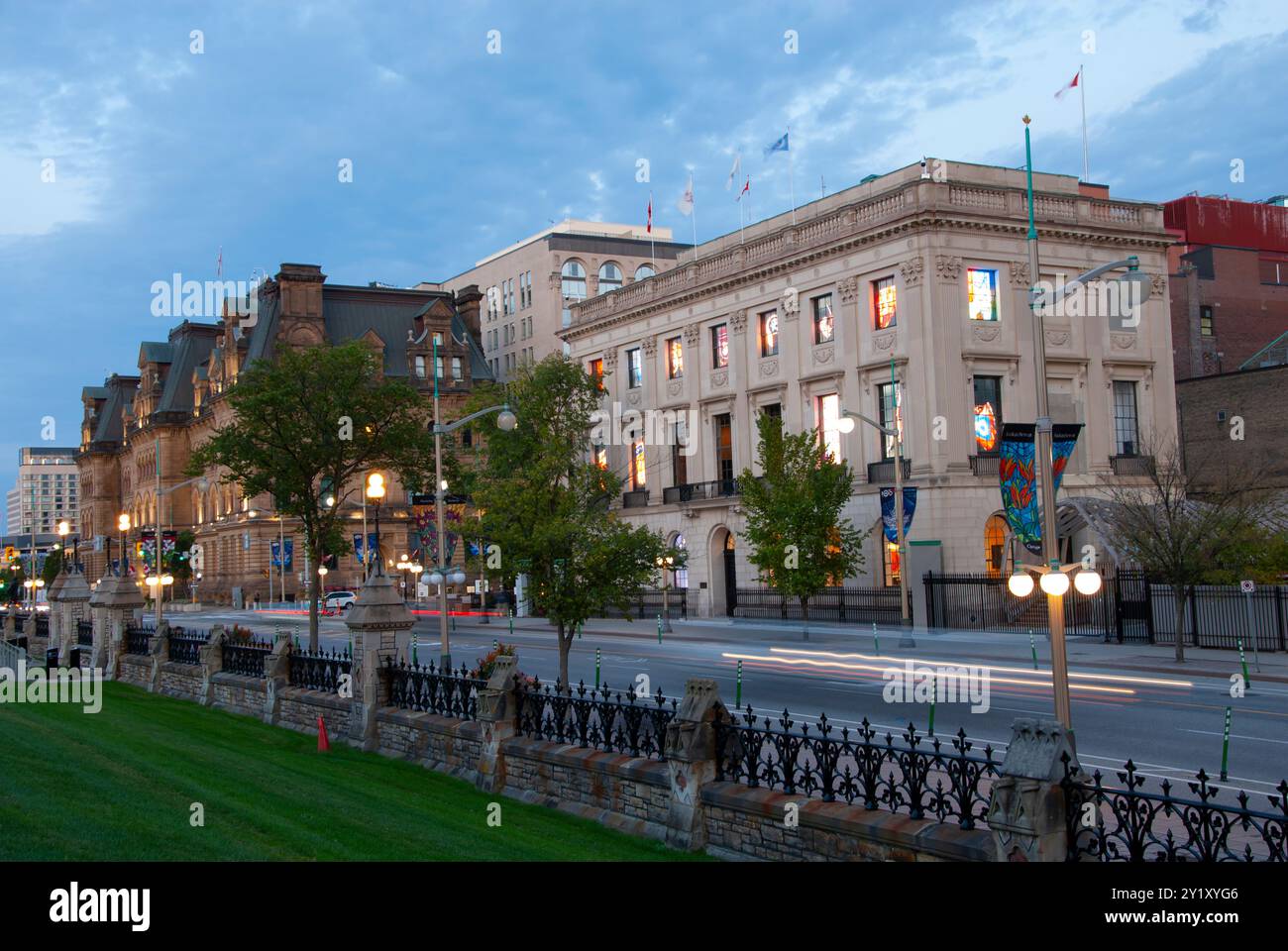 Old Government Buildings along Wellington Street, Early Night, Ottawa, Ontario, Canada Stock Photo