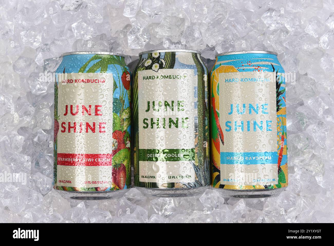 IRVINE, CALIFORNIA - 6 SEPT 2024: Cans of June Shine Hard Konbucha on a bed of ice, Strawberry Kiwi, Desert Cooler and Mango Daydream Stock Photo