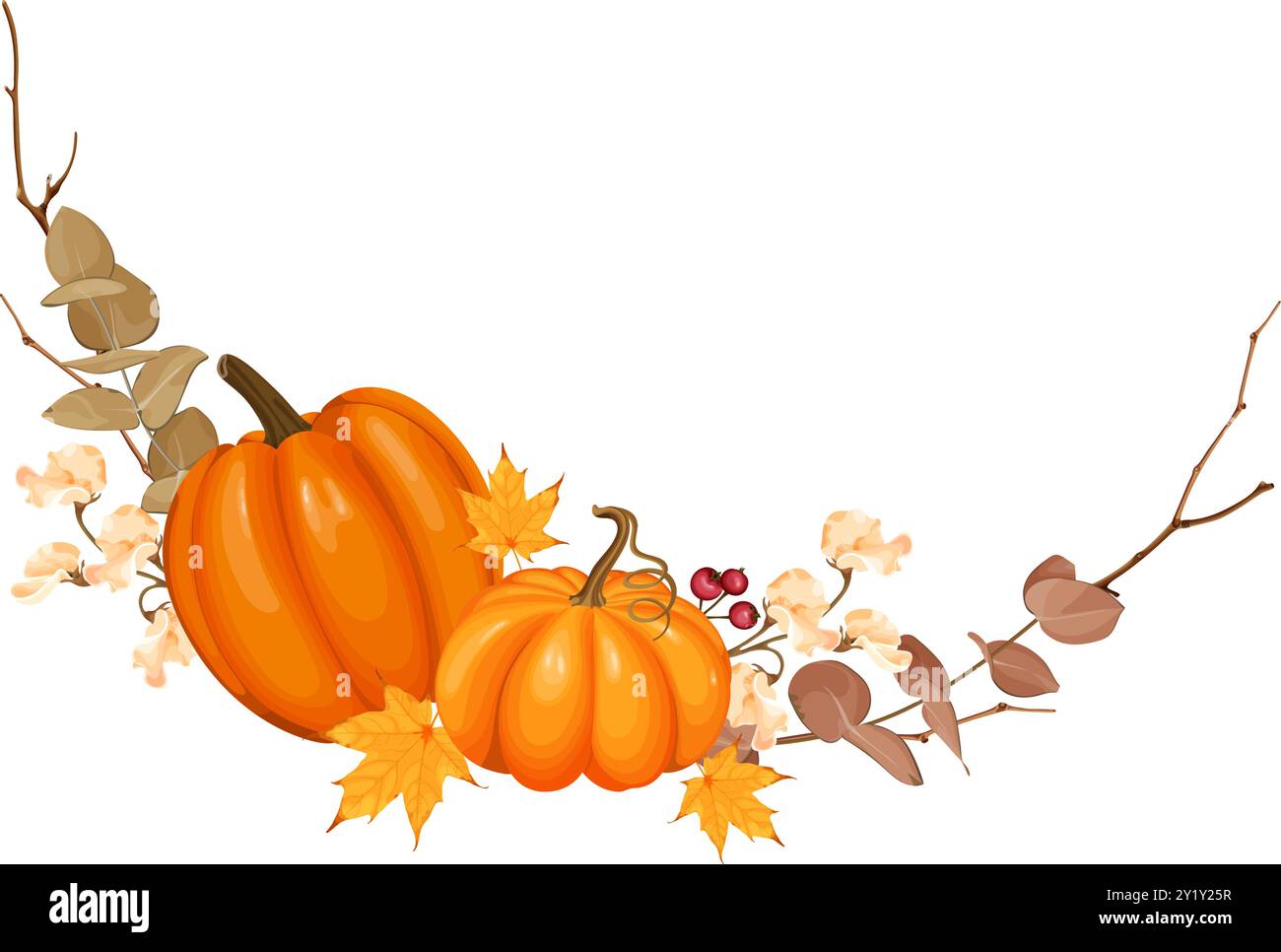 An autumn vector illustration featuring two pumpkins surrounded by yellow and brown leaves, berries, and branches with soft beige flowers. Stock Vector