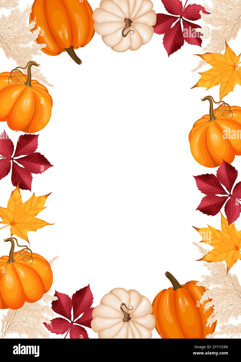 Autumn-themed vector illustration of a frame with pumpkins, leaves, and ...