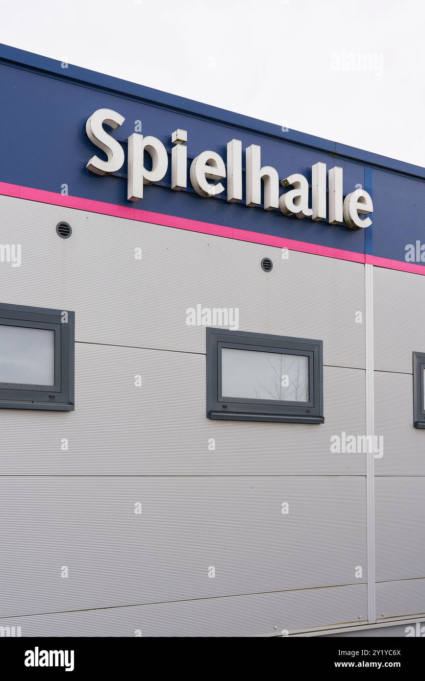 German lettering Spiellhalle on a facade of a amusement arcade ...